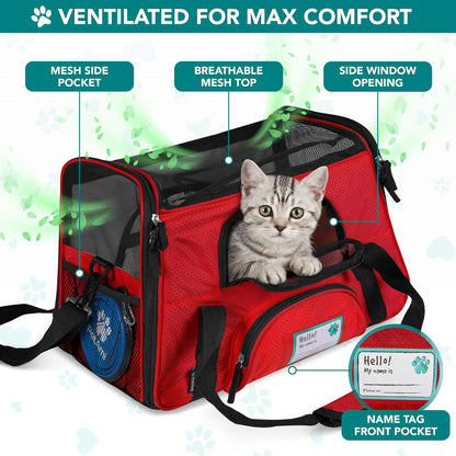 Airline-Approved Soft-Sided Pet Carrier for Cats and Small Dogs, TSA Compliant Travel Bag with Sherpa Bed, Breathable Mesh Ventilation, Collapsible Bowl, Under-Seat Fit for Pets up to 18 lbs, Small Red