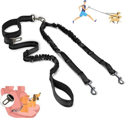360° Tangle-Free Double Dog Leash with 2-in-1 Bungee Seatbelt | Adjustable Coupler, Dual Padded Handles, and Shock Absorbing Buffer for Medium and Large Dogs - Ideal for Walking and Car Travel
