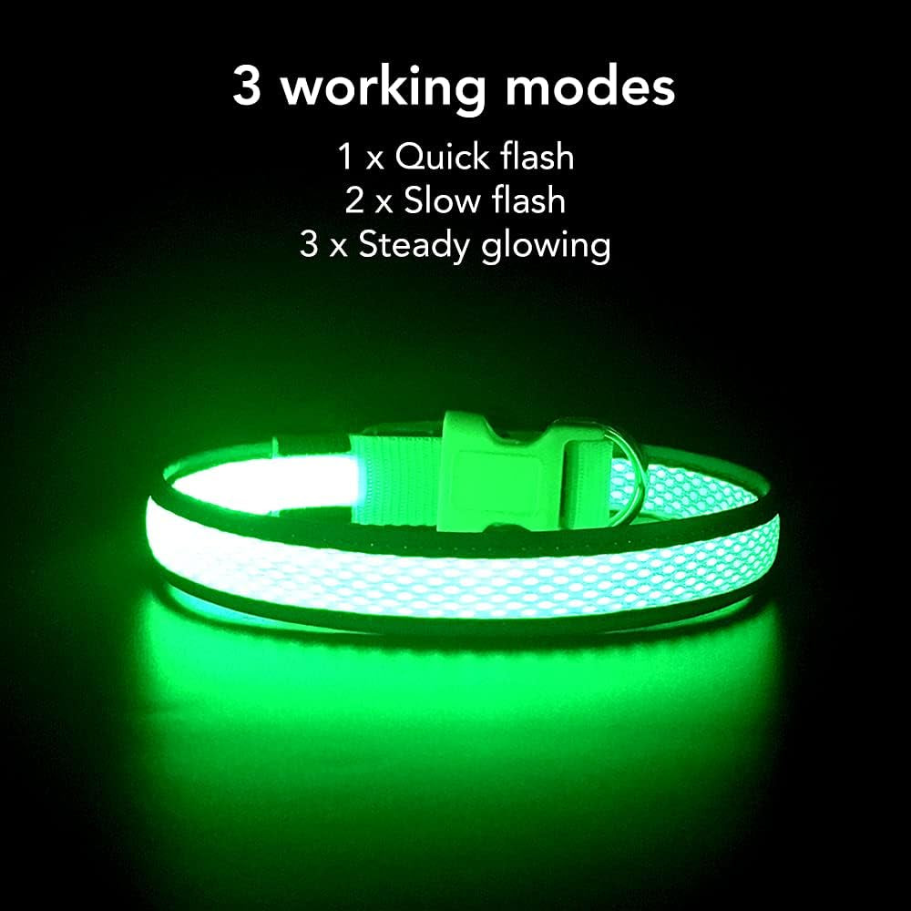 USB Rechargeable LED Dog Collar - Adjustable Super Bright Glowing Light for Night Walking (Green, Small)