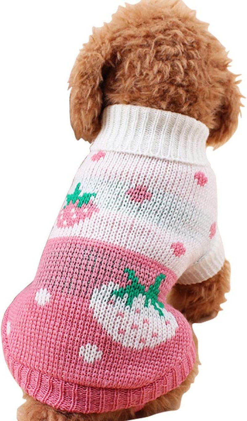 Classic Knit Turtleneck Dog Sweater - Winter Warmth with Strawberry and Heart Design (Pink, Small) | Lightweight, Cozy Knitwear for Daily Wear, Easy to Put On and Take Off
