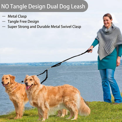 360° Tangle-Free Double Dog Leash with 2-in-1 Bungee Seatbelt | Adjustable Coupler, Dual Padded Handles, and Shock Absorbing Buffer for Medium and Large Dogs - Ideal for Walking and Car Travel