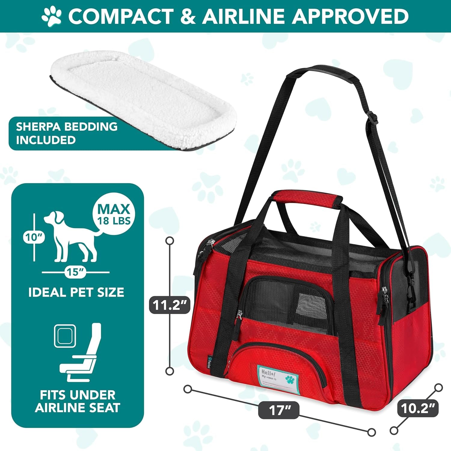 Airline-Approved Soft-Sided Pet Carrier for Cats and Small Dogs, TSA Compliant Travel Bag with Sherpa Bed, Breathable Mesh Ventilation, Collapsible Bowl, Under-Seat Fit for Pets up to 18 lbs, Small Red