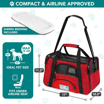 Airline-Approved Soft-Sided Pet Carrier for Cats and Small Dogs, TSA Compliant Travel Bag with Sherpa Bed, Breathable Mesh Ventilation, Collapsible Bowl, Under-Seat Fit for Pets up to 18 lbs, Small Red