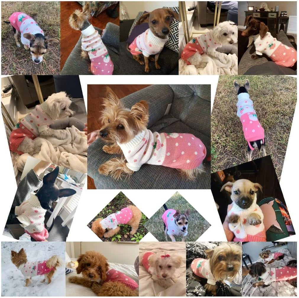 Classic Knit Turtleneck Dog Sweater - Winter Warmth with Strawberry and Heart Design (Pink, Small) | Lightweight, Cozy Knitwear for Daily Wear, Easy to Put On and Take Off