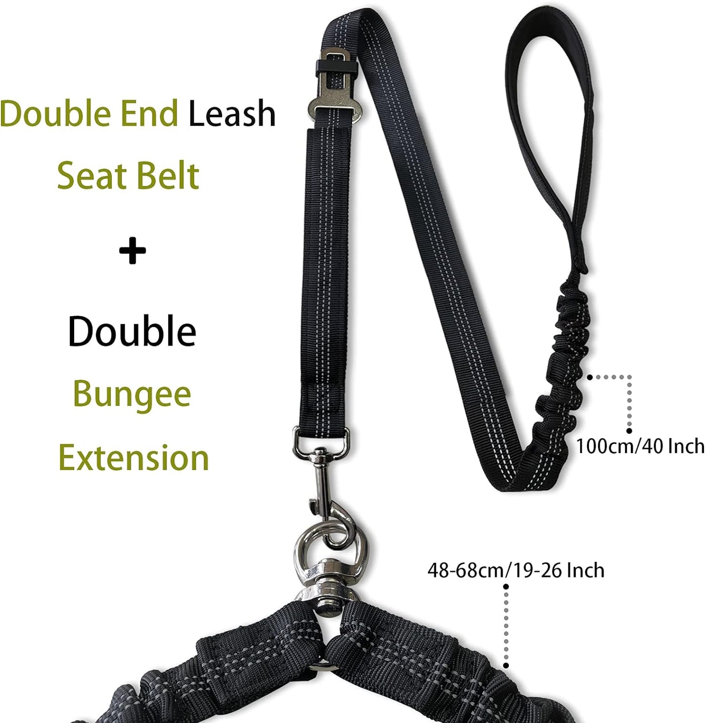 360° Tangle-Free Double Dog Leash with 2-in-1 Bungee Seatbelt | Adjustable Coupler, Dual Padded Handles, and Shock Absorbing Buffer for Medium and Large Dogs - Ideal for Walking and Car Travel