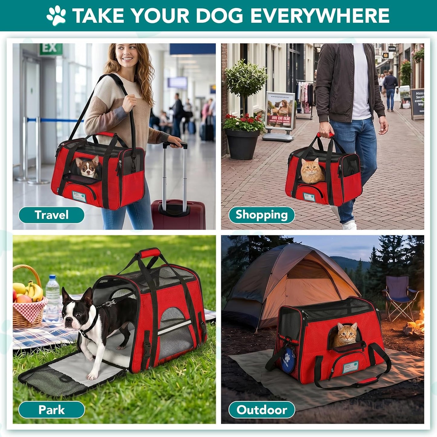 Airline-Approved Soft-Sided Pet Carrier for Cats and Small Dogs, TSA Compliant Travel Bag with Sherpa Bed, Breathable Mesh Ventilation, Collapsible Bowl, Under-Seat Fit for Pets up to 18 lbs, Small Red