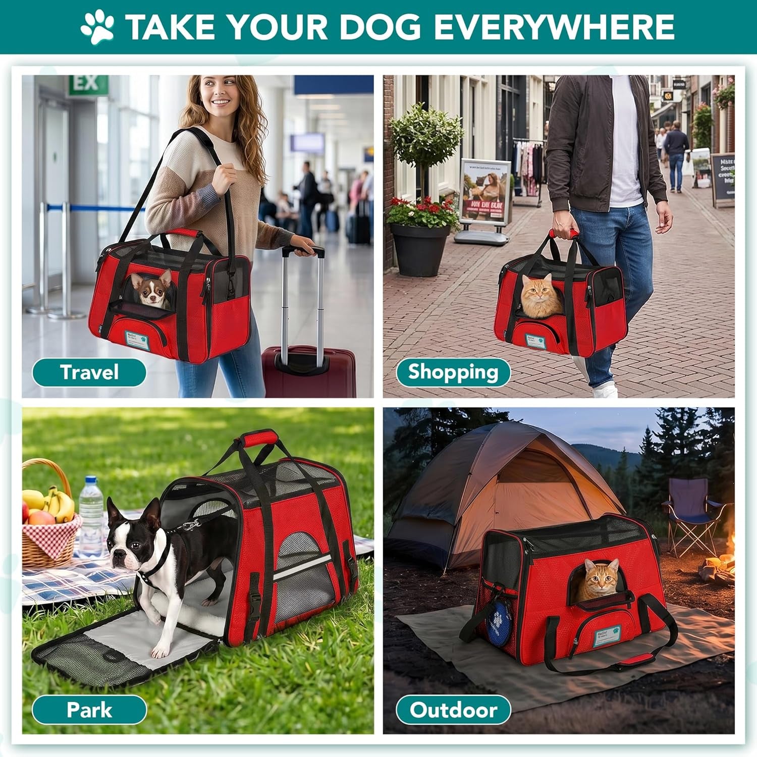 Airline-Approved Soft-Sided Pet Carrier for Cats and Small Dogs, TSA Compliant Travel Bag with Sherpa Bed, Breathable Mesh Ventilation, Collapsible Bowl, Under-Seat Fit for Pets up to 18 lbs, Small Red