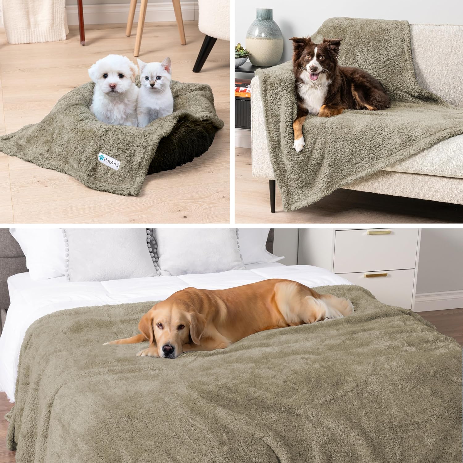 Fluffy Waterproof Reversible Sherpa Dog and Cat Blanket for Couch and Bed, Washable Furniture Protector in Taupe Camel (24x32)