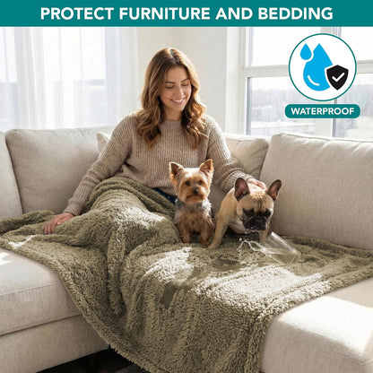 Fluffy Waterproof Reversible Sherpa Dog and Cat Blanket for Couch and Bed, Washable Furniture Protector in Taupe Camel (24x32)