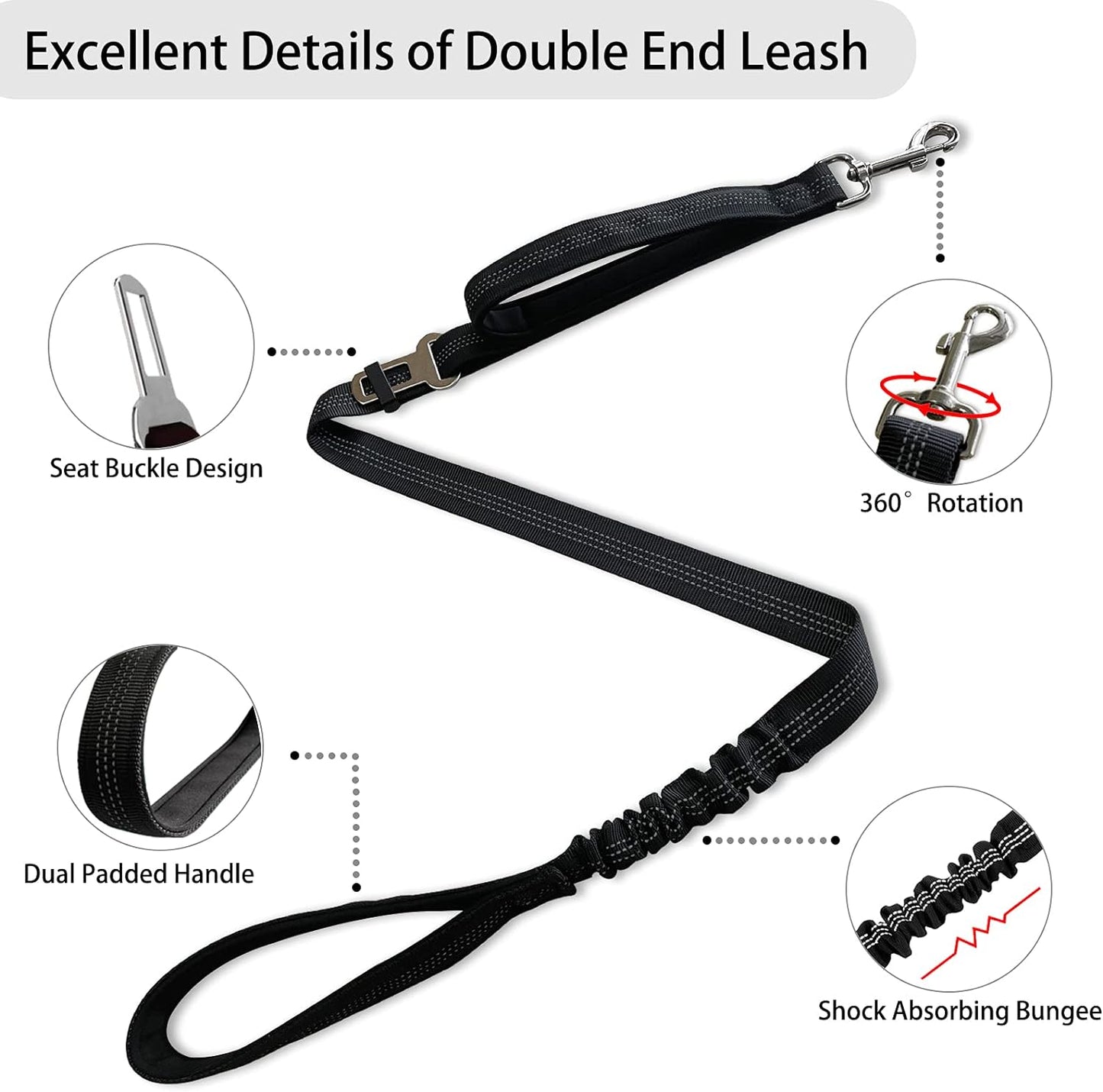 360° Tangle-Free Double Dog Leash with 2-in-1 Bungee Seatbelt | Adjustable Coupler, Dual Padded Handles, and Shock Absorbing Buffer for Medium and Large Dogs - Ideal for Walking and Car Travel