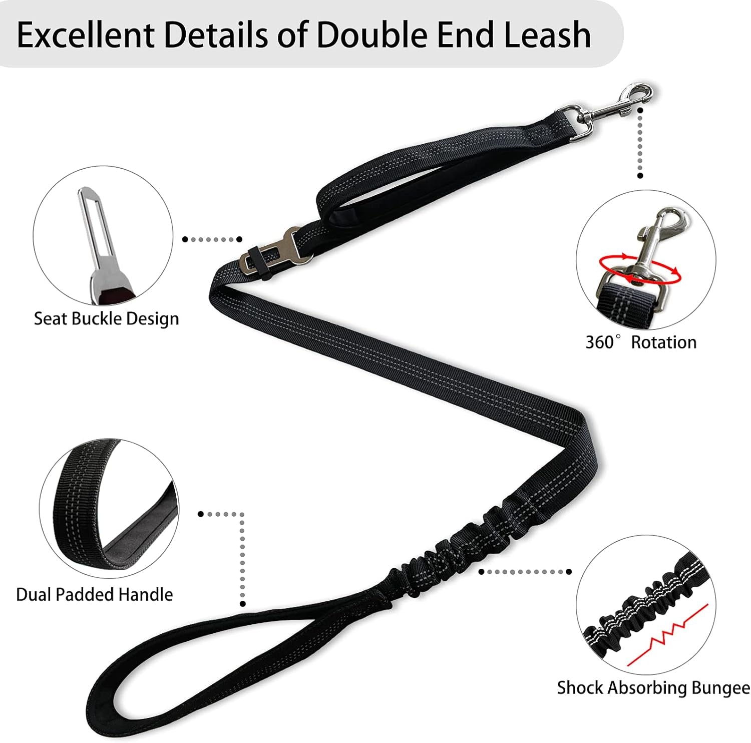 360° Tangle-Free Double Dog Leash with 2-in-1 Bungee Seatbelt | Adjustable Coupler, Dual Padded Handles, and Shock Absorbing Buffer for Medium and Large Dogs - Ideal for Walking and Car Travel