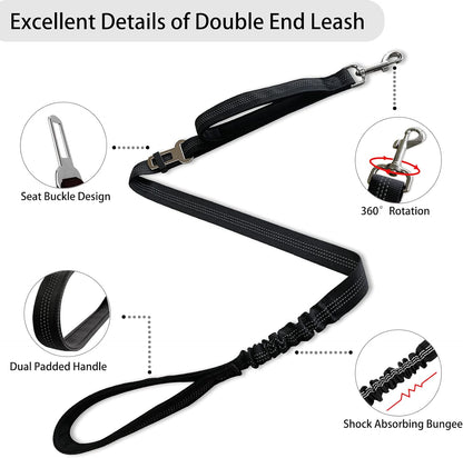 360° Tangle-Free Double Dog Leash with 2-in-1 Bungee Seatbelt | Adjustable Coupler, Dual Padded Handles, and Shock Absorbing Buffer for Medium and Large Dogs - Ideal for Walking and Car Travel