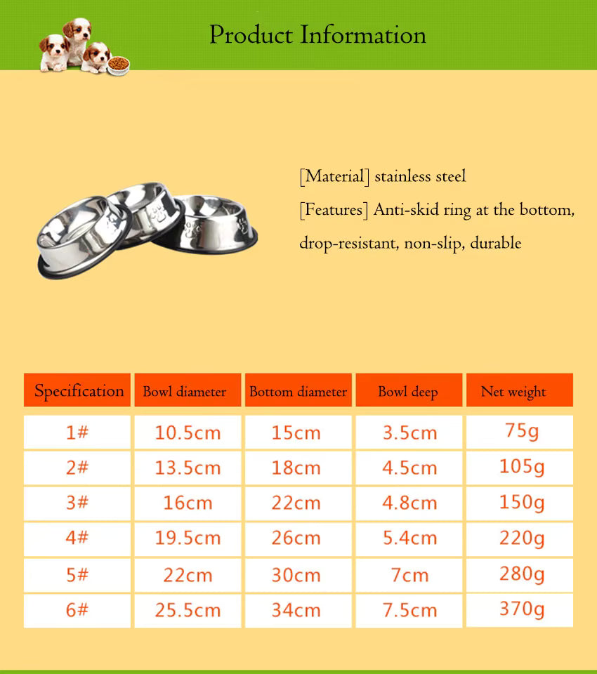 Paw Stainless Steel Skidproof Pet Bowl Set - Anti-Ant Design for Dogs and Cats, Available in 6 Sizes