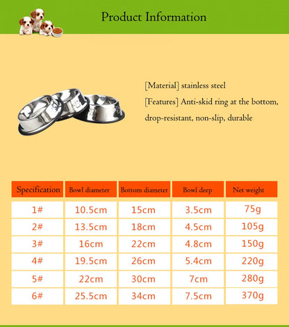 Paw Stainless Steel Skidproof Pet Bowl Set - Anti-Ant Design for Dogs and Cats, Available in 6 Sizes
