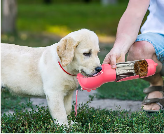 KOMMILIFE Portable Cat Dog Water Bottle Food Feeder Drinker Poop Dispenser 3 in 1 Leak-Proof Multifunctional Dog Waterer Bottle