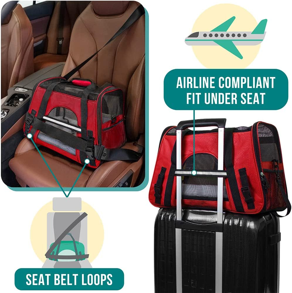 Airline-Approved Soft-Sided Pet Carrier for Cats and Small Dogs, TSA Compliant Travel Bag with Sherpa Bed, Breathable Mesh Ventilation, Collapsible Bowl, Under-Seat Fit for Pets up to 18 lbs, Small Red