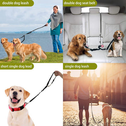 360° Tangle-Free Double Dog Leash with 2-in-1 Bungee Seatbelt | Adjustable Coupler, Dual Padded Handles, and Shock Absorbing Buffer for Medium and Large Dogs - Ideal for Walking and Car Travel