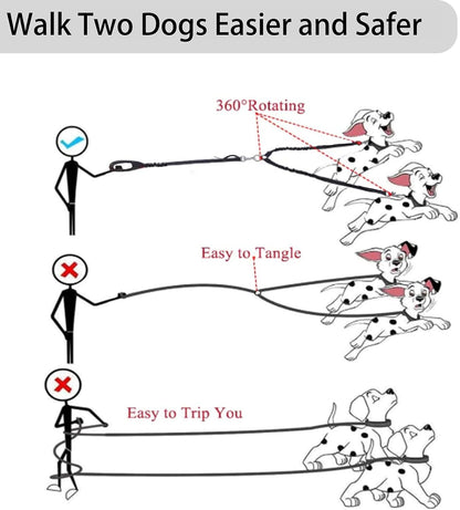 360° Tangle-Free Double Dog Leash with 2-in-1 Bungee Seatbelt | Adjustable Coupler, Dual Padded Handles, and Shock Absorbing Buffer for Medium and Large Dogs - Ideal for Walking and Car Travel