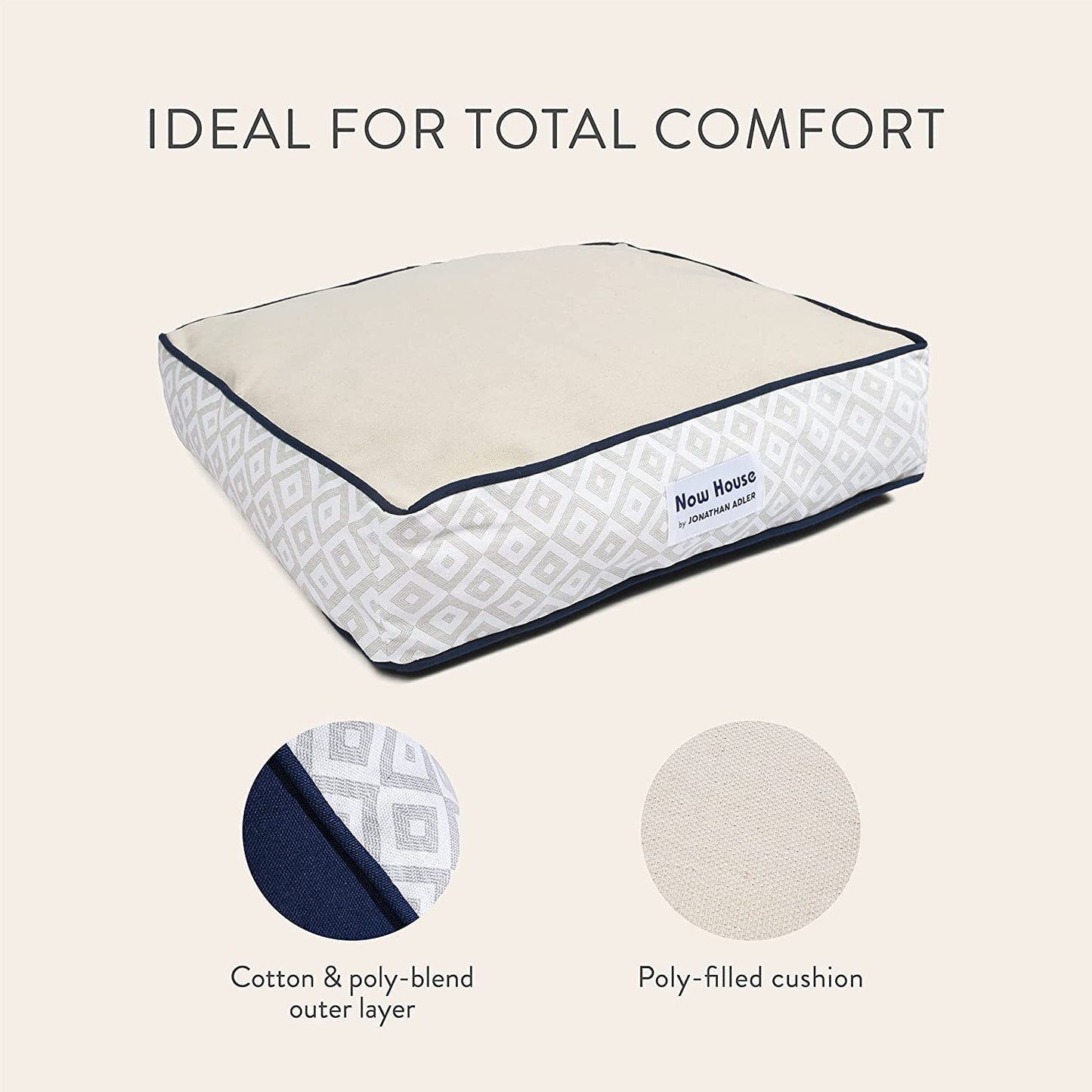 Jonathan Adler Now House for Pets Small Dog Bed - Grey Diamond Cushion, Machine Washable Cotton/Poly Blend, 17x22x5 Inches