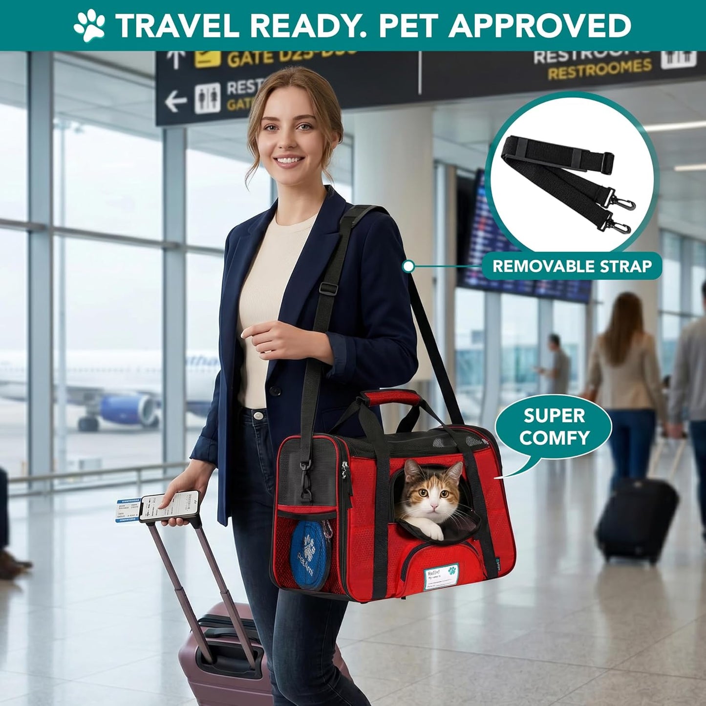 Airline-Approved Soft-Sided Pet Carrier for Cats and Small Dogs, TSA Compliant Travel Bag with Sherpa Bed, Breathable Mesh Ventilation, Collapsible Bowl, Under-Seat Fit for Pets up to 18 lbs, Small Red
