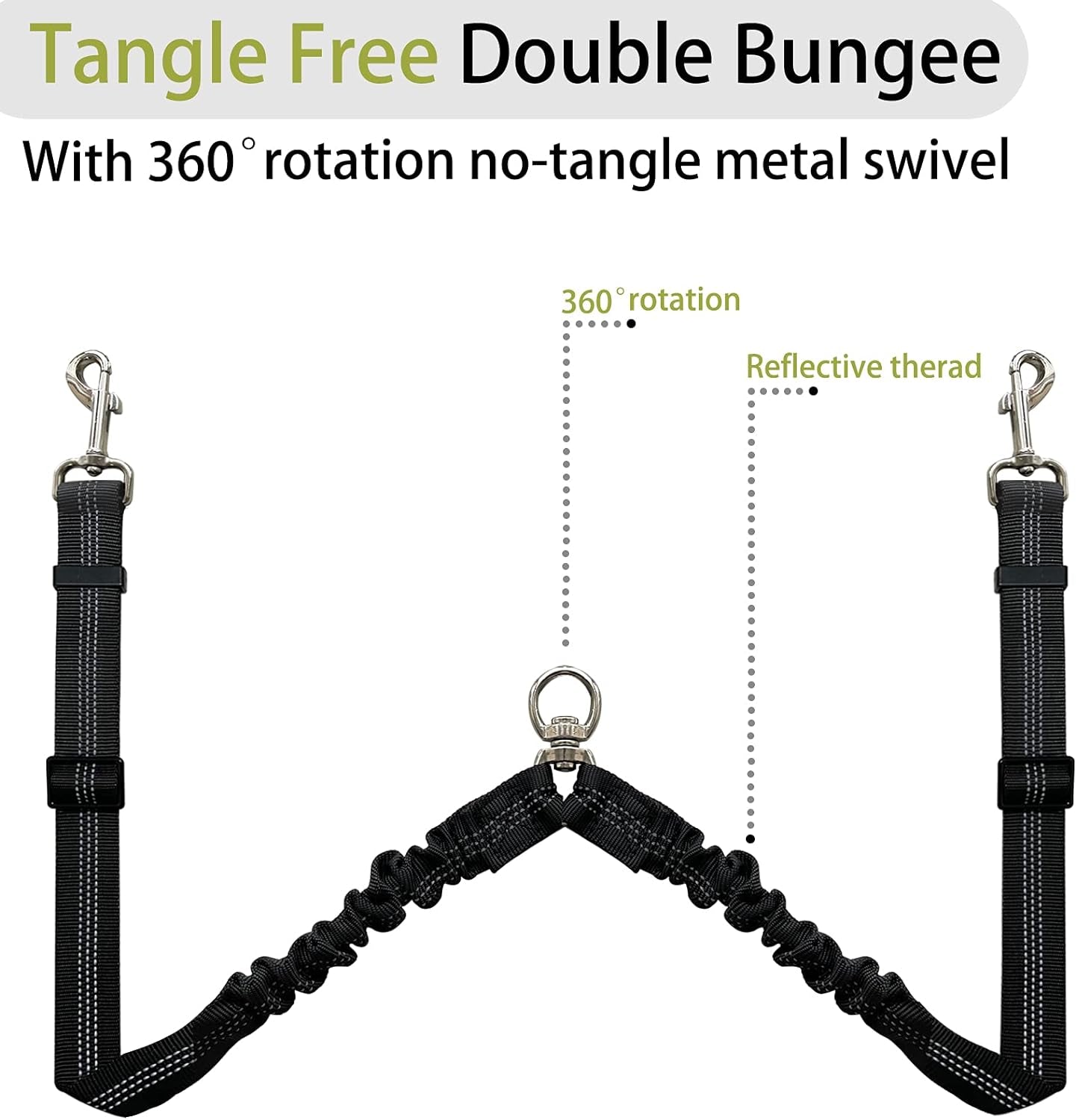 360° Tangle-Free Double Dog Leash with 2-in-1 Bungee Seatbelt | Adjustable Coupler, Dual Padded Handles, and Shock Absorbing Buffer for Medium and Large Dogs - Ideal for Walking and Car Travel