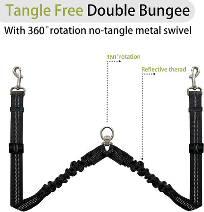 360° Tangle-Free Double Dog Leash with 2-in-1 Bungee Seatbelt | Adjustable Coupler, Dual Padded Handles, and Shock Absorbing Buffer for Medium and Large Dogs - Ideal for Walking and Car Travel