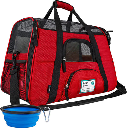 Airline-Approved Soft-Sided Pet Carrier for Cats and Small Dogs, TSA Compliant Travel Bag with Sherpa Bed, Breathable Mesh Ventilation, Collapsible Bowl, Under-Seat Fit for Pets up to 18 lbs, Small Red